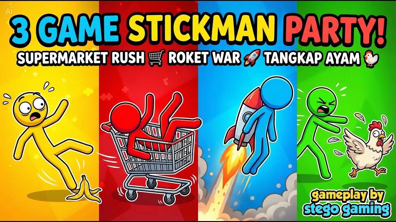Main 3 Game Stickman Party! Supermarket Rush, Roket War & Tangkap Ayam 😂