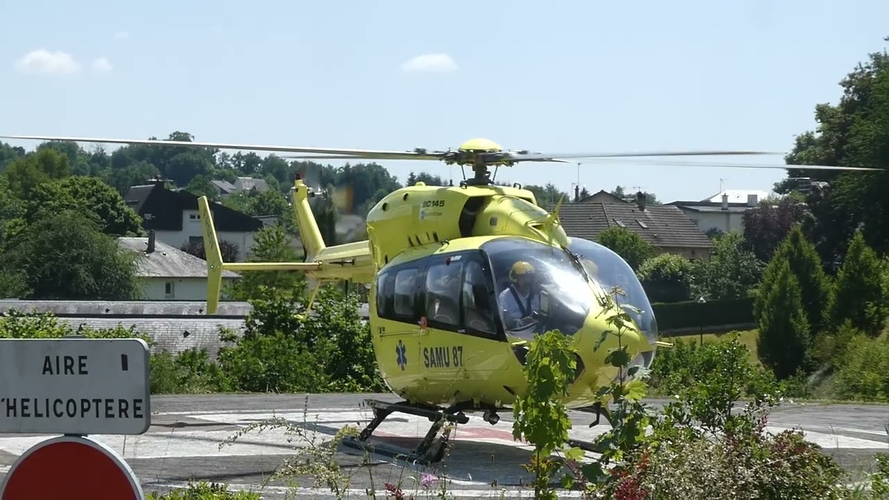 Samu 87 Décollage de l'hélicoptère du samu de Limoges d'un ch de Corrèze