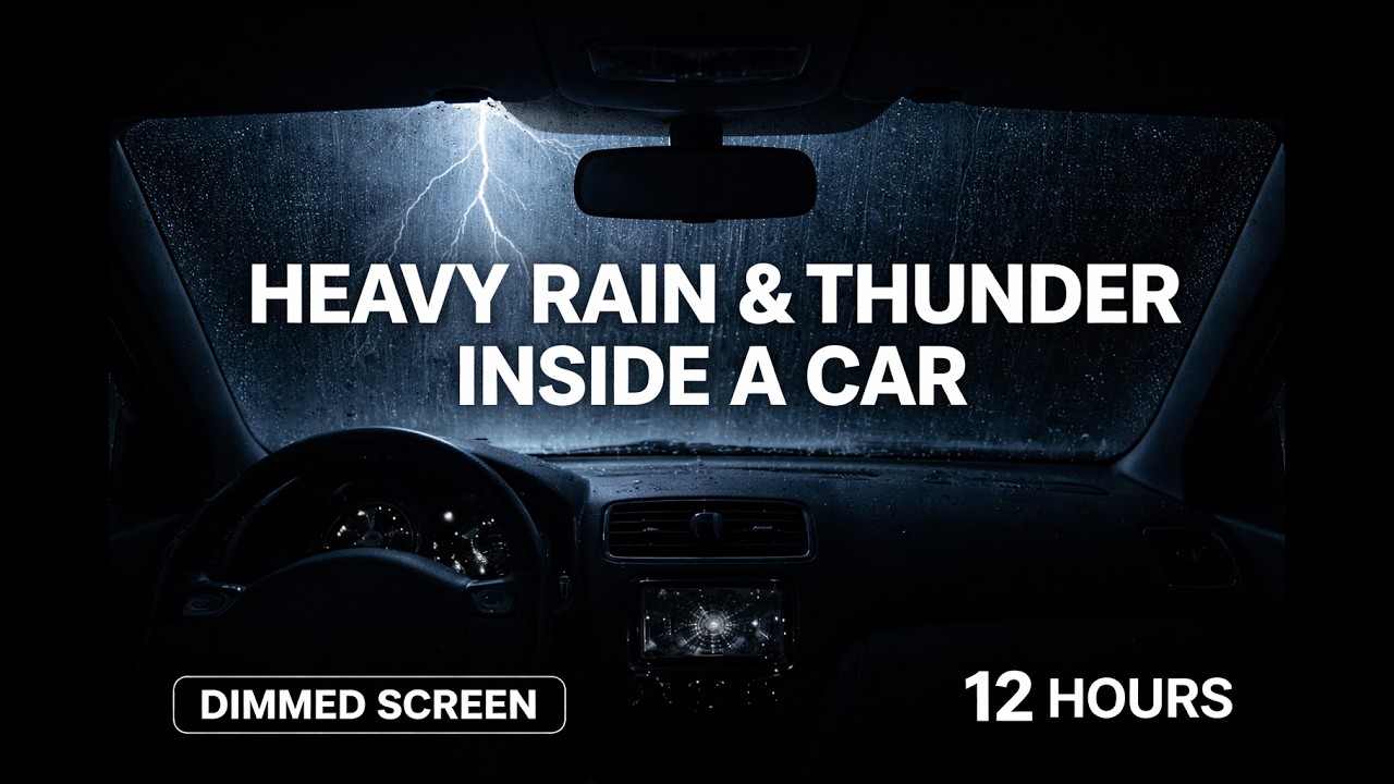 12 Hours Very Heavy Rain & Thunder Soundscape Inside Car | Dimmed Screen Deep Sleep & Stress Relief