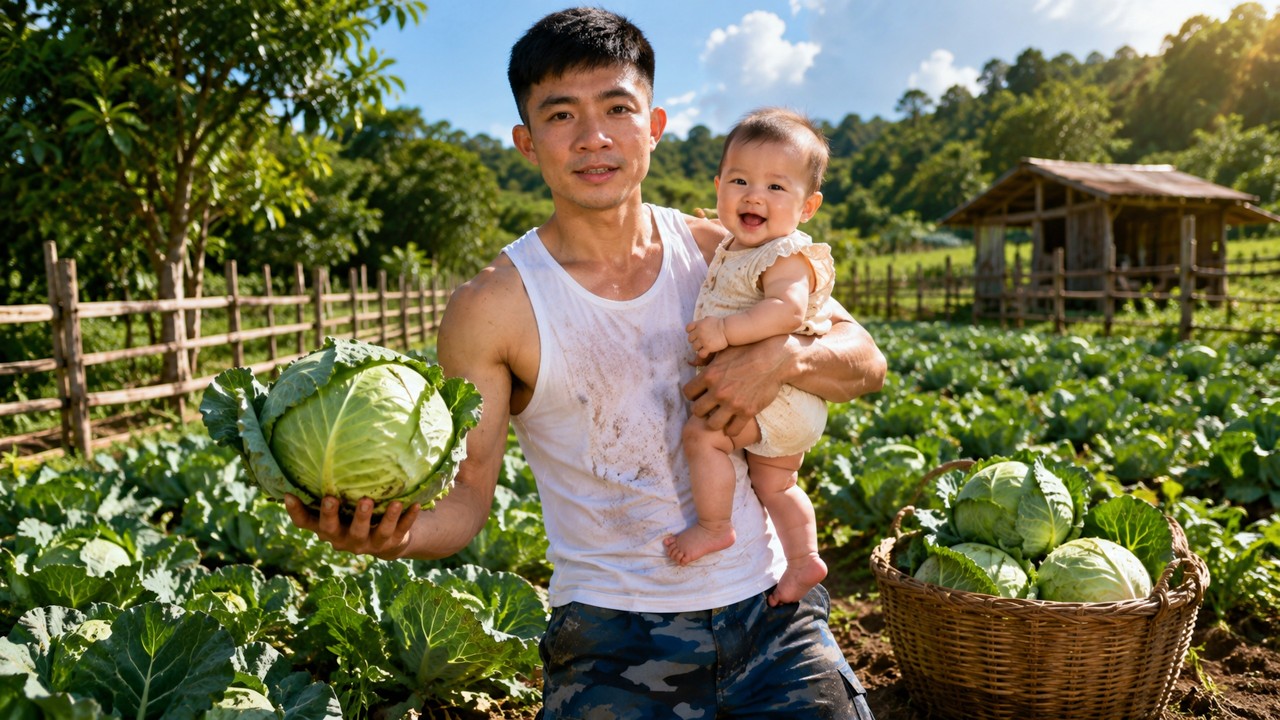 Trieu Duong Harvests Cabbages With Little Truc Lam Watching Him Happily