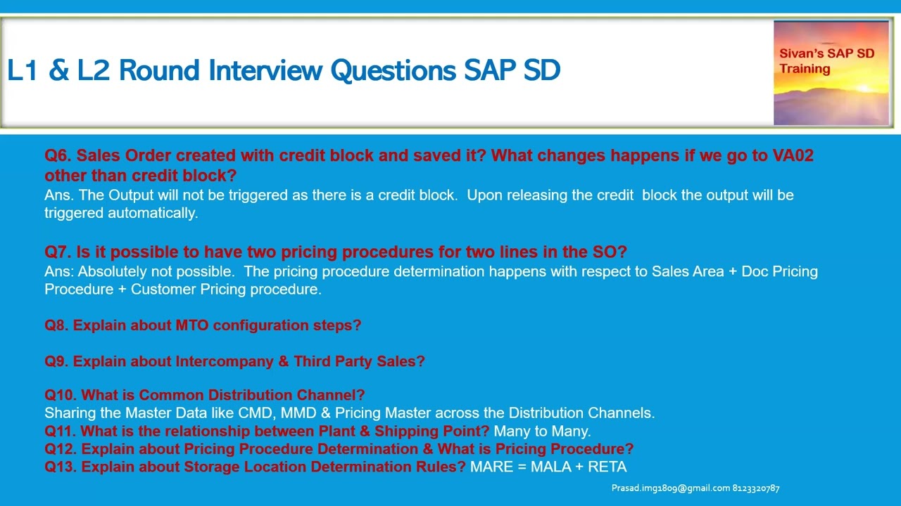 L1 & L2 Round SAP SD Interview Questions | Sivan's SAP SD Training