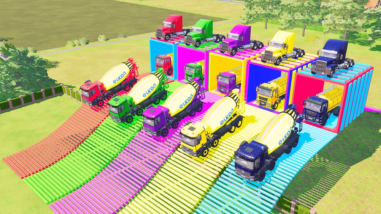 Colorful Garage Transport Cement Mixer Truck on Trailer | Colorful Garage Toy Trucks