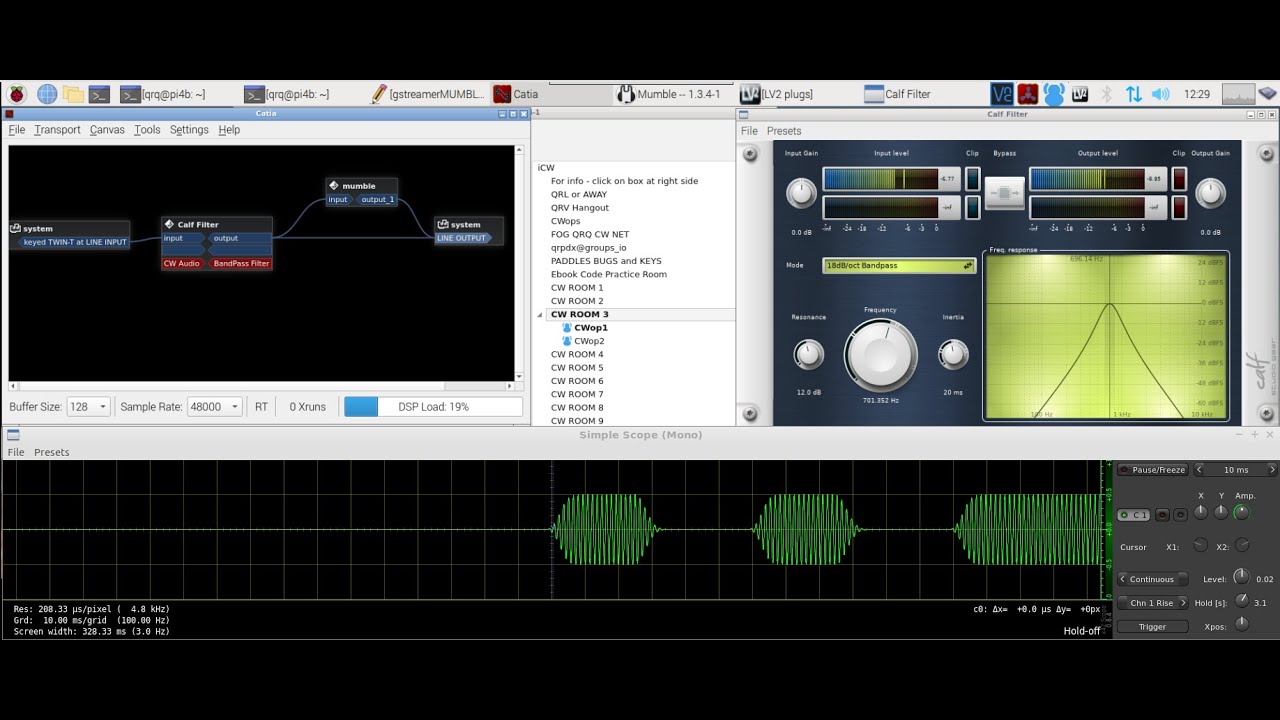 Morse Code Audio over Mumble - Low Latency setup on a pi4 setup: Pi filtered TWIN-T Keyed Oscillator