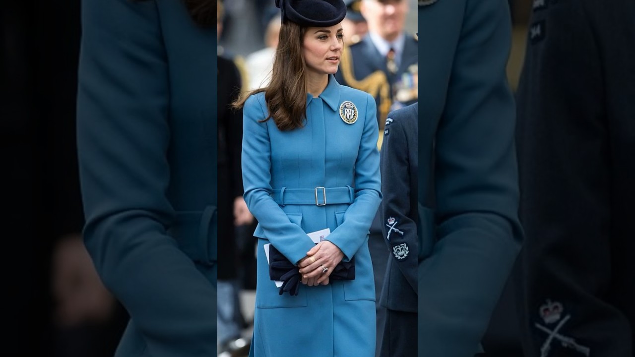 Kate elegant in a blue custom-made Alexander McQueen coat as she joined the Air Cadets to mark their