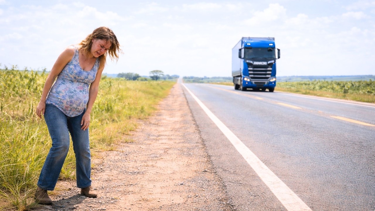 Caminhoneiro vê mulher grávida caminhando no acostamento… então acontece um MILAGRE