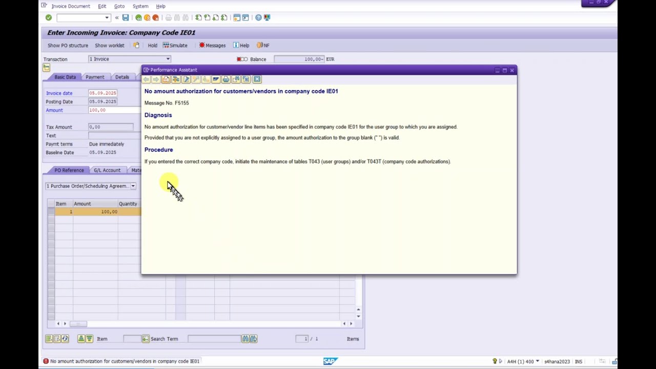 No Amount authorization For customers/Vendors in Comp code xxxx - Message No F5155
