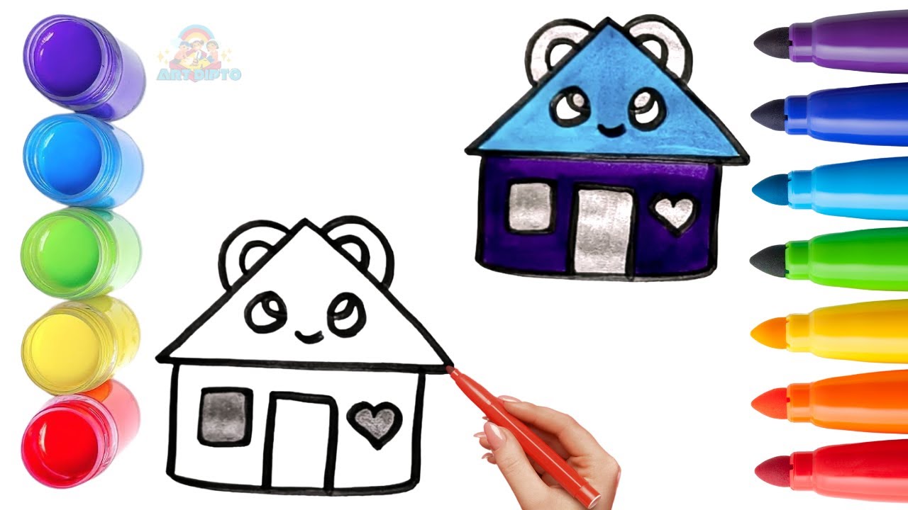 How To Draw cute House Drawing, Painting & Coloring For Kids and Toddlers_ Child Art 🐋🌈🎨