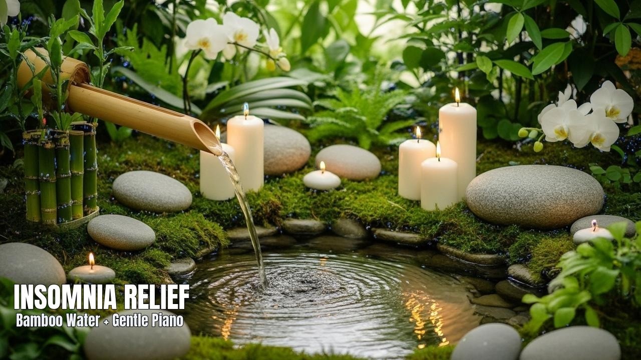 Insomnia Relief: Bamboo Fountain Sounds + Gentle Piano (No Talking) • Live Soundscape