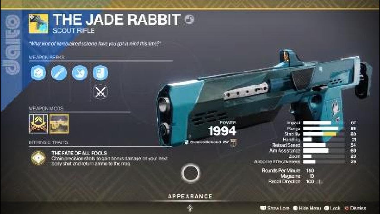 The Jade Rabbit Exotic Weapon & Catalyst &ndash; Destiny 2