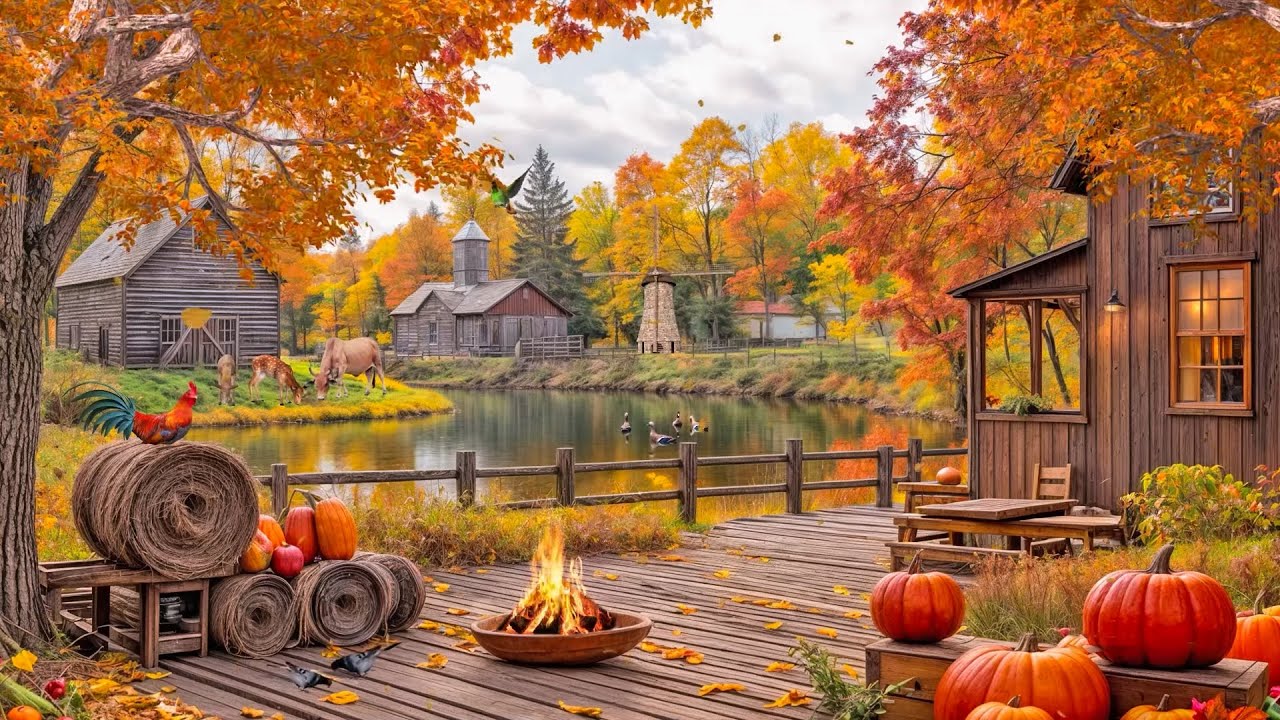 Cozy Fall Farmhouse by the Water🍁🏠Golden Leaves, Fireplace, Farm Animals & Nature Sounds🔥