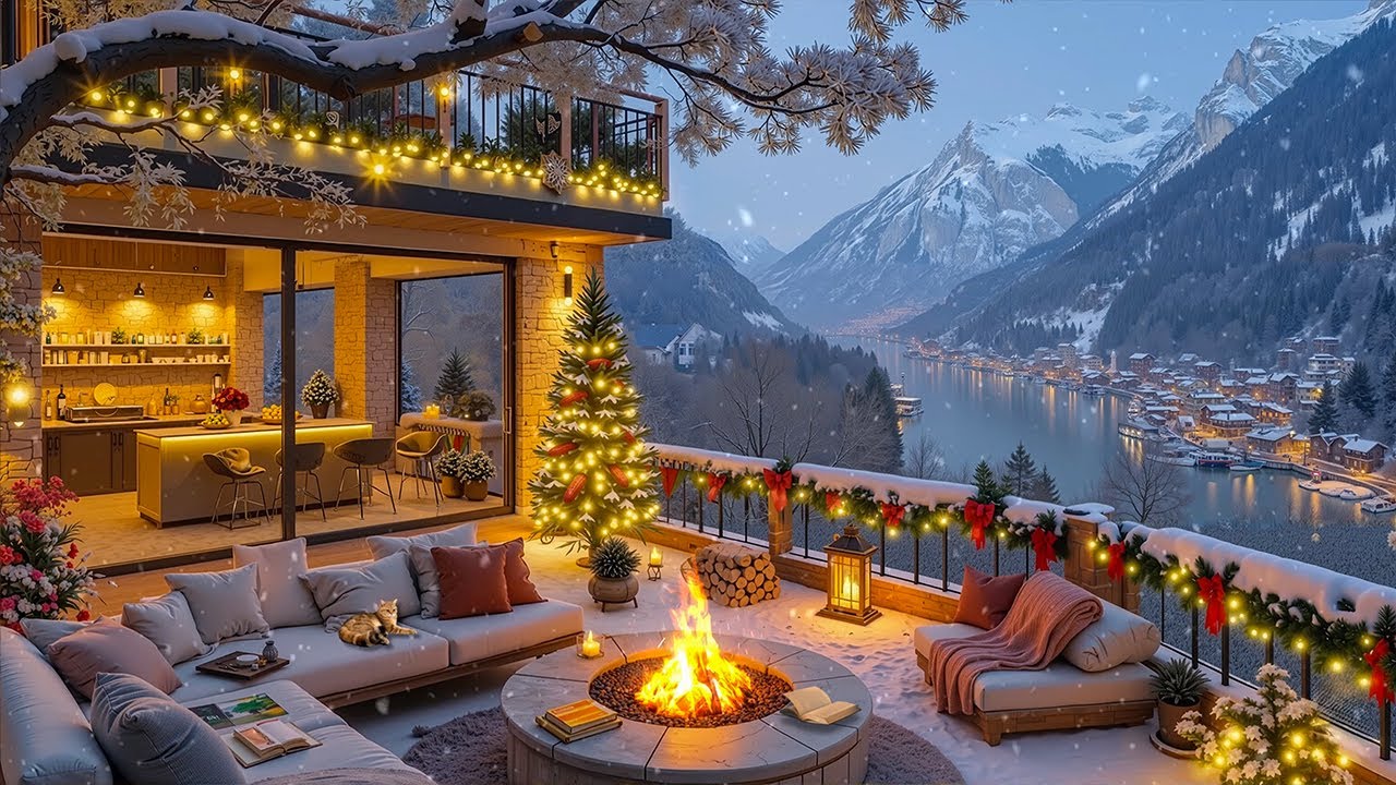 Christmas Café Night🎄Snowy Terrace, Warm Fireplace & Gentle Jazz Vibes | Fireplace On, Jazz Playing