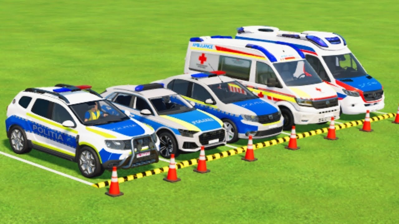 TRANSPORTING POLICE CARS & AMBULANCE EMERGENCY VEHICLES WITH MAN TRUCKS ! Farming Simulator 25