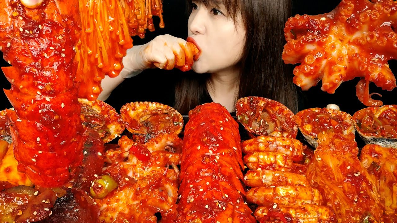 ASMR (приготовление и еда) острые морепродукты (хвост омара, осьминог, креветка, куколь, кальмар)