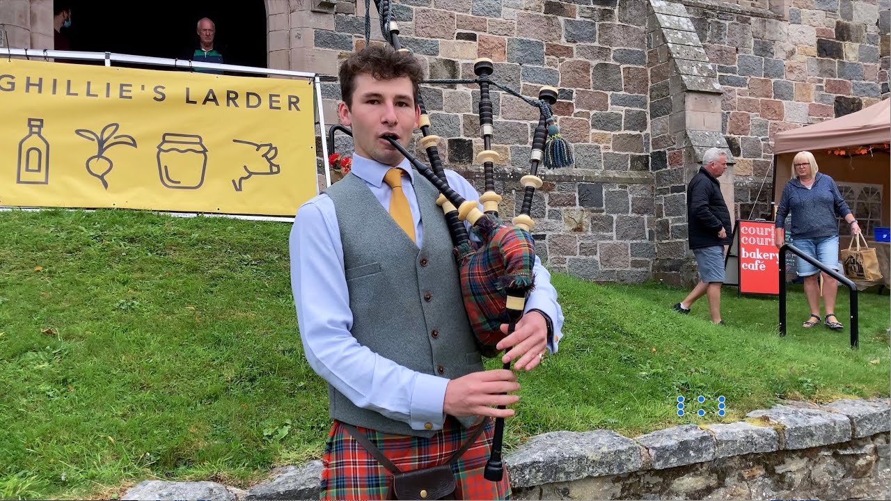 The Dark Island played by Piper Angus MacPherson outside St Margarets in Braemar, Scotland, Sep 2021