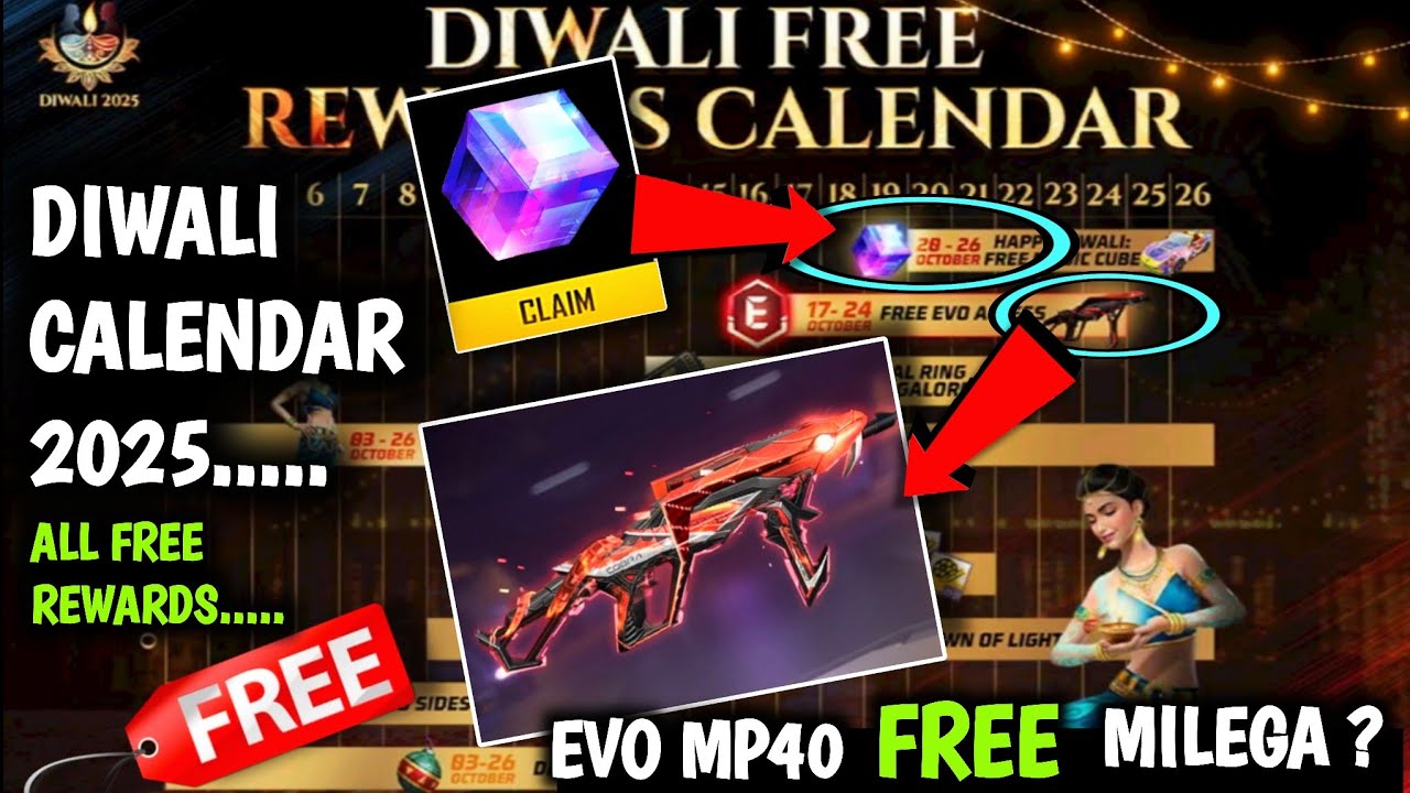 Diwali Free Rewards Calendar| Diwali 2025 Event Calendar New Free Evo Access Diwali Calendar FF MAX