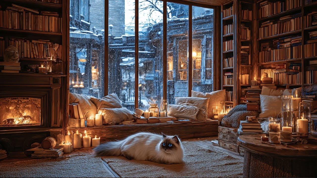 Dark Academia Piano Jazz 📚 Snowy Café Study & Reading Music with Cat