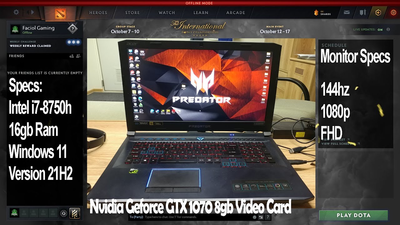 Dota 2 in Laptop Acer Predator Helios 500 Intel i7-8750h GTX 1070 8gb FPS Test 2021