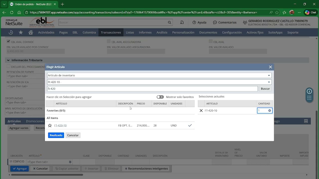 Elaborar orden de pedido NetSuite