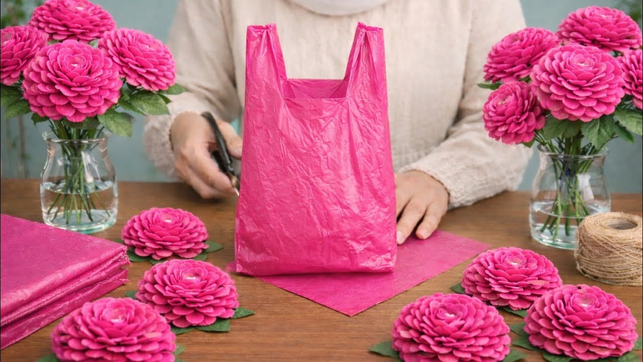 how to make flower from shopping bags 