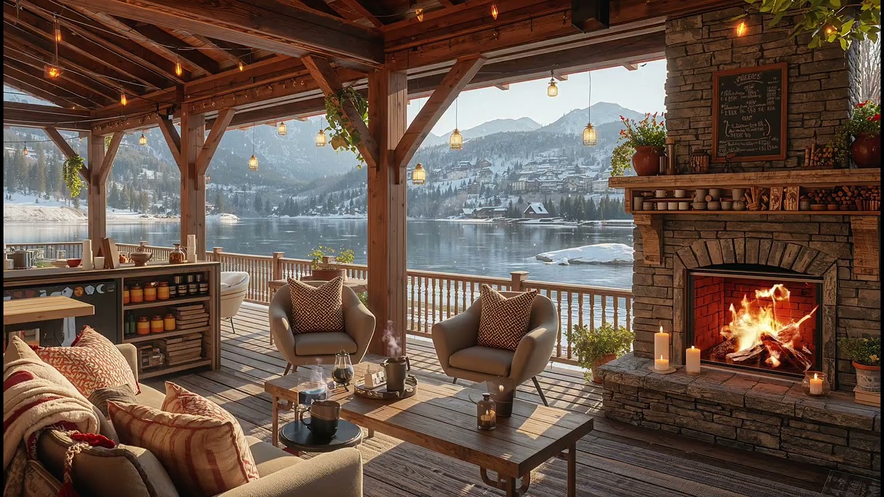 Smooth Jazz by the Alpine Lake with Fireplace 🔥 Relaxing Jazz Instrumental for Focus & Calm