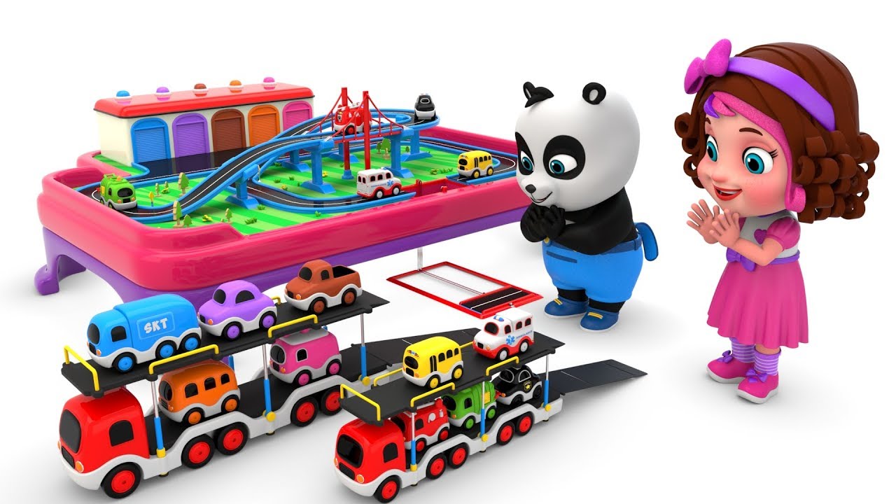Pinky and Panda play with Toy Garage and Cars