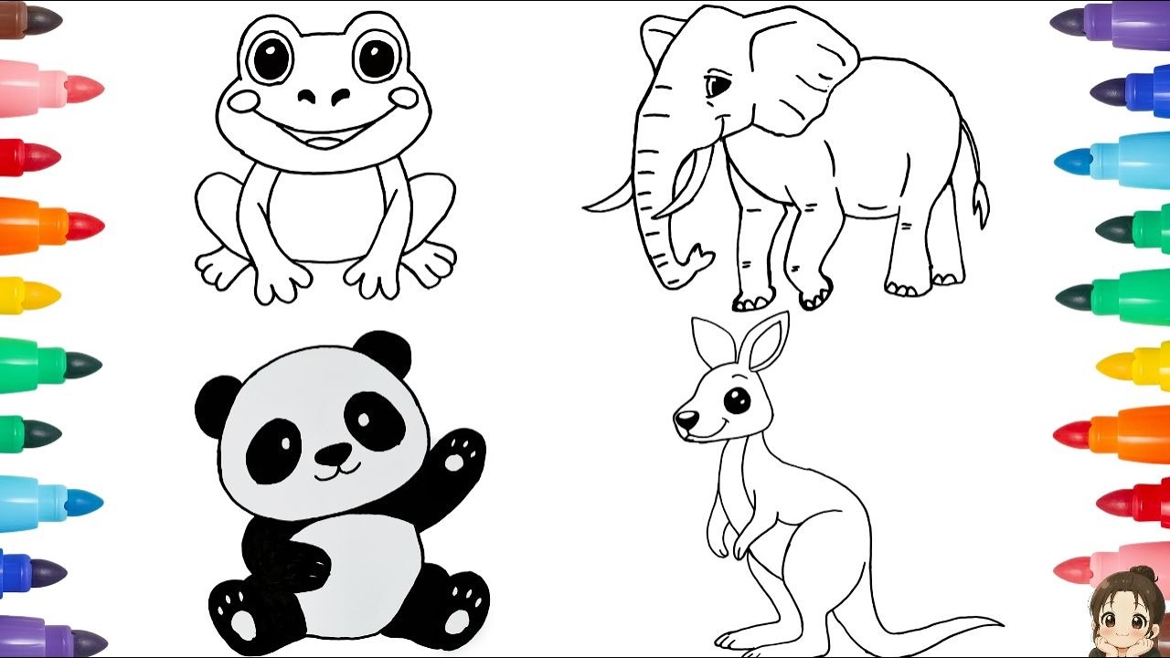 How to Draw Cute Animals for Kids 🐸🐘 Frog, Elephant, Panda & Kangaroo | Step by Step Animal Drawing