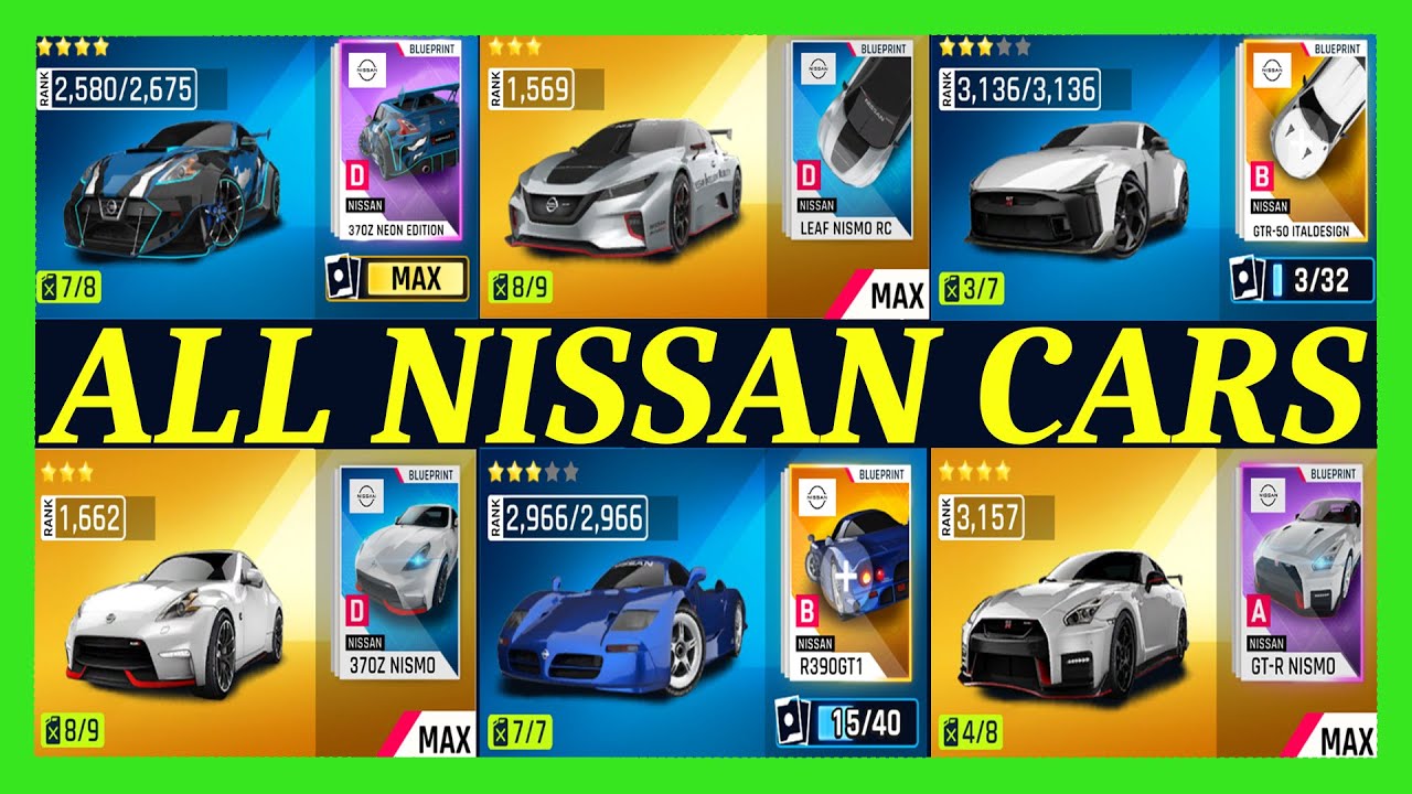 ASPHALT LEGENDS | NISSAN (370Z NEON, LEAF RC, 370Z NISMO, GTR-50 ITALDESIGN, R390GT1, GT-R NISMO)