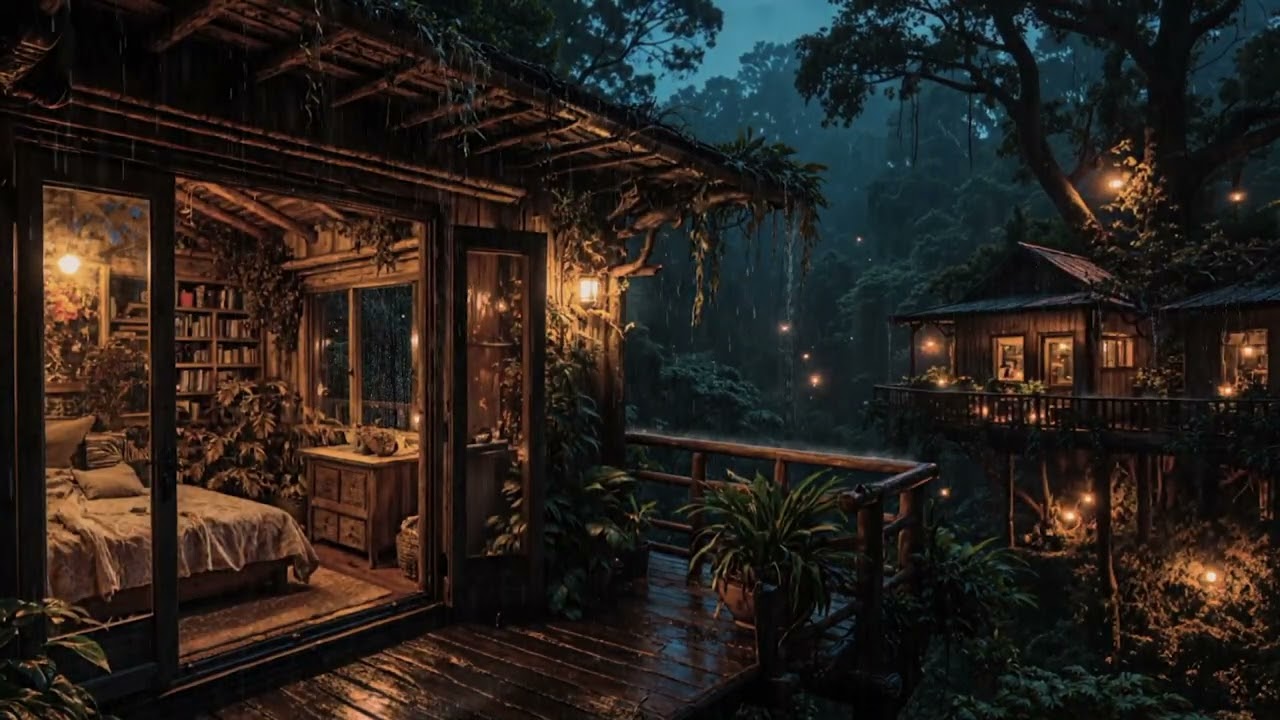 Gentle Rain Echoing Softly Beneath Tall Trees by a Cozy Cabin 🌧️🌲 | Peaceful Rest Sounds