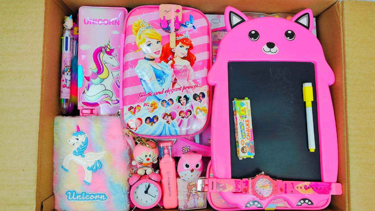 Unboxing Pink Stationery For Girls 📚 Nail Art, Geometry Box, Board, Sharpener, Eraser, Keychain etc.