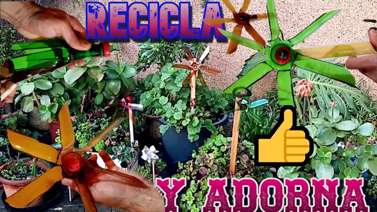 Adorna tu jardín reciclando botellas de plástico. Molinillo de viento
