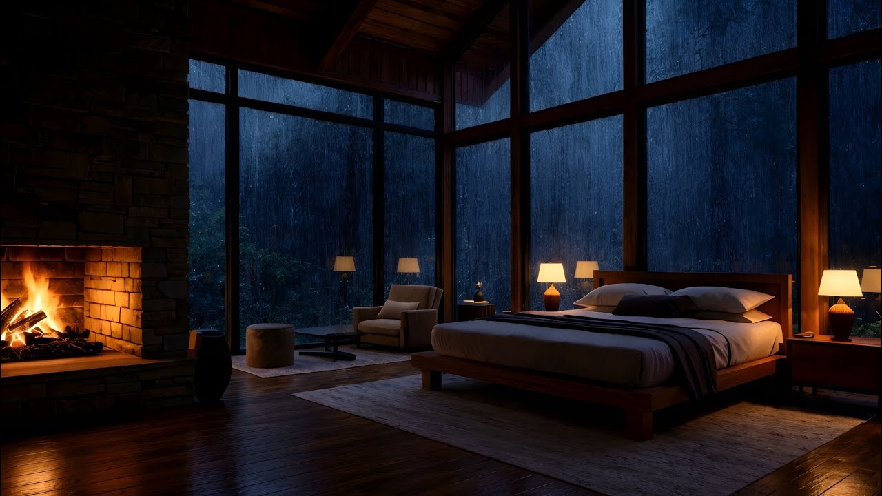 Heavy Night Rain in Forest Cabin with Warm Fireplace | Relax, Sleep & Unwind