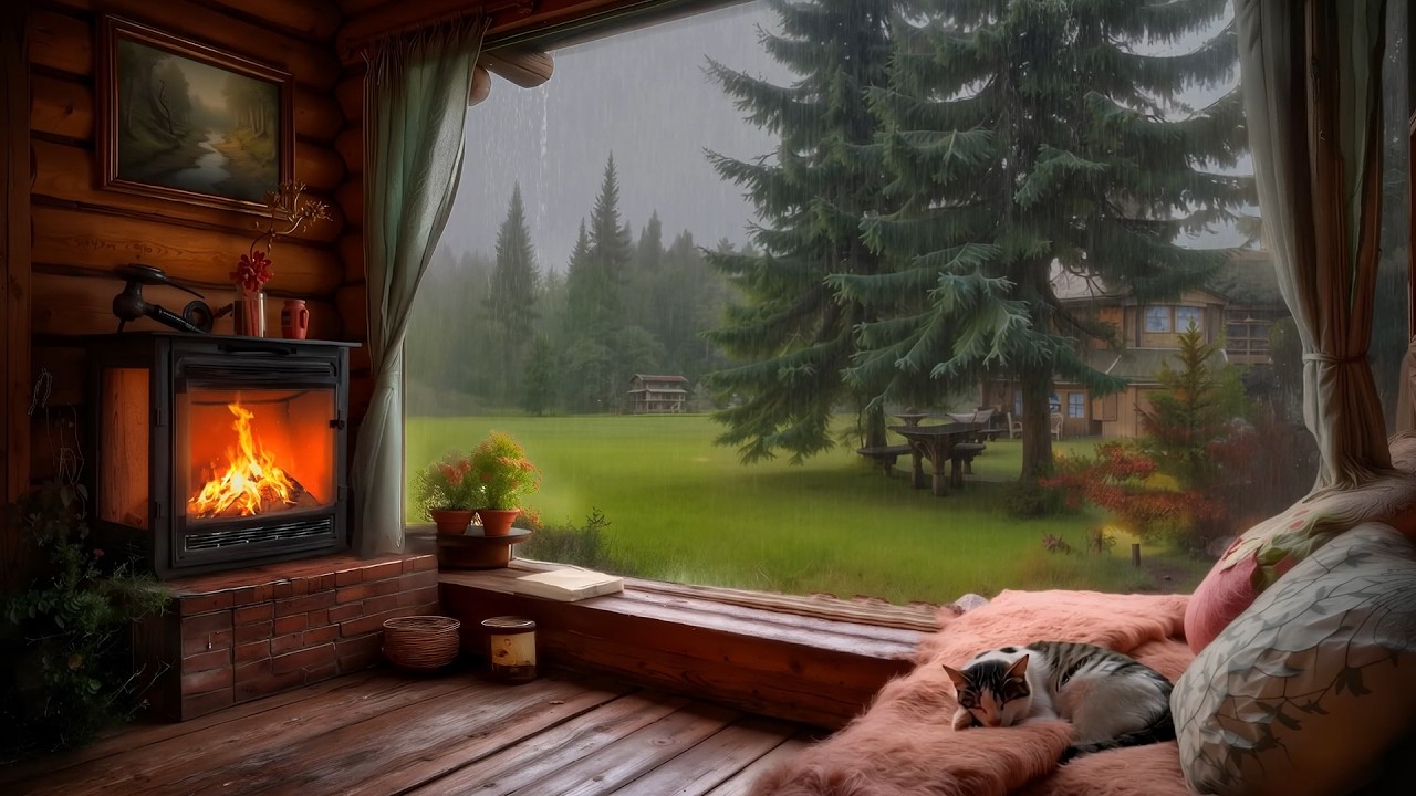 Spring Rain, Gentle Thunder & Crackling Fire 🌸 | Cinematic Ambience for the Soul | White Noise