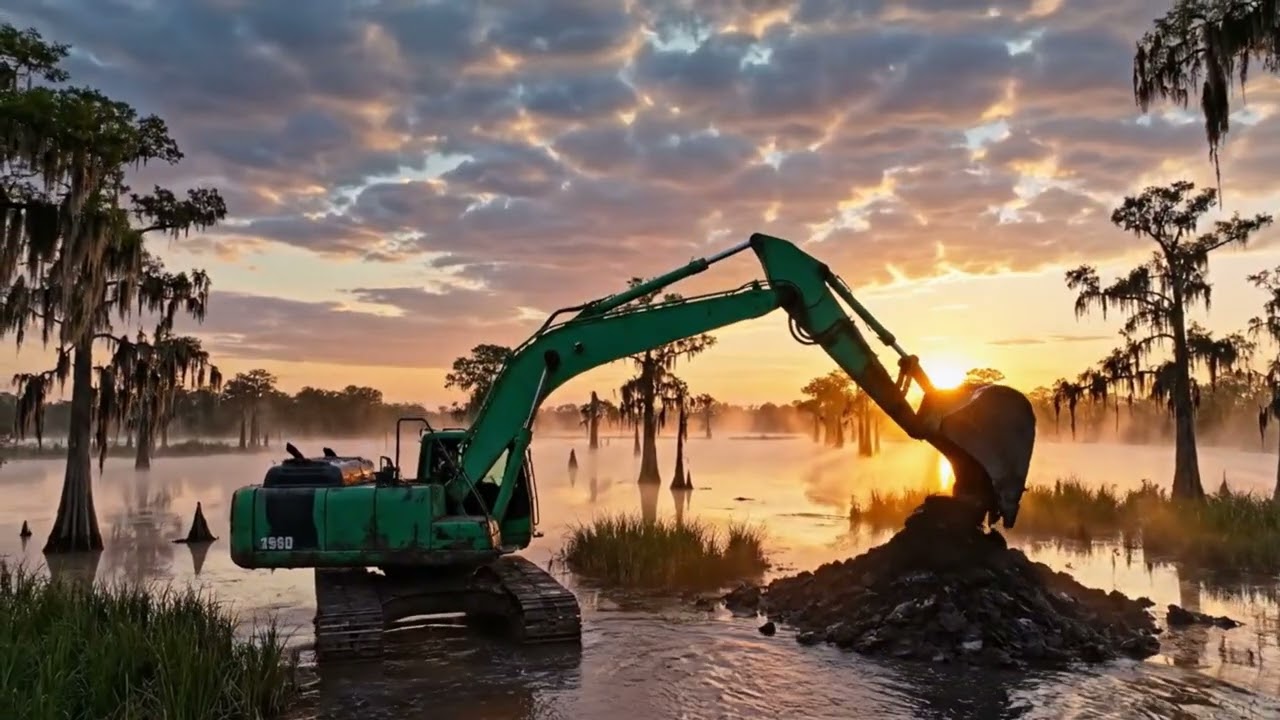 A Green Excavator Builds a Road Through a Swamp in Just One Day