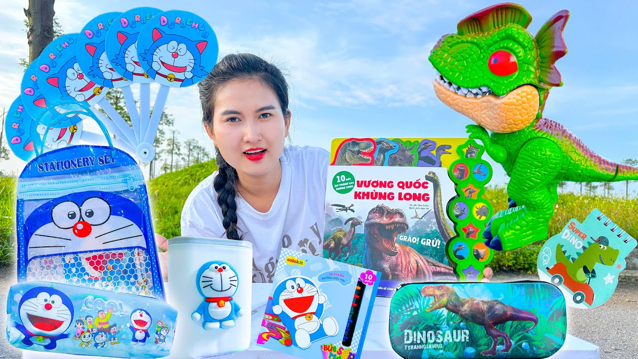 Changcady mua dụng cụ học tập mới, hình khủng long, doraemon