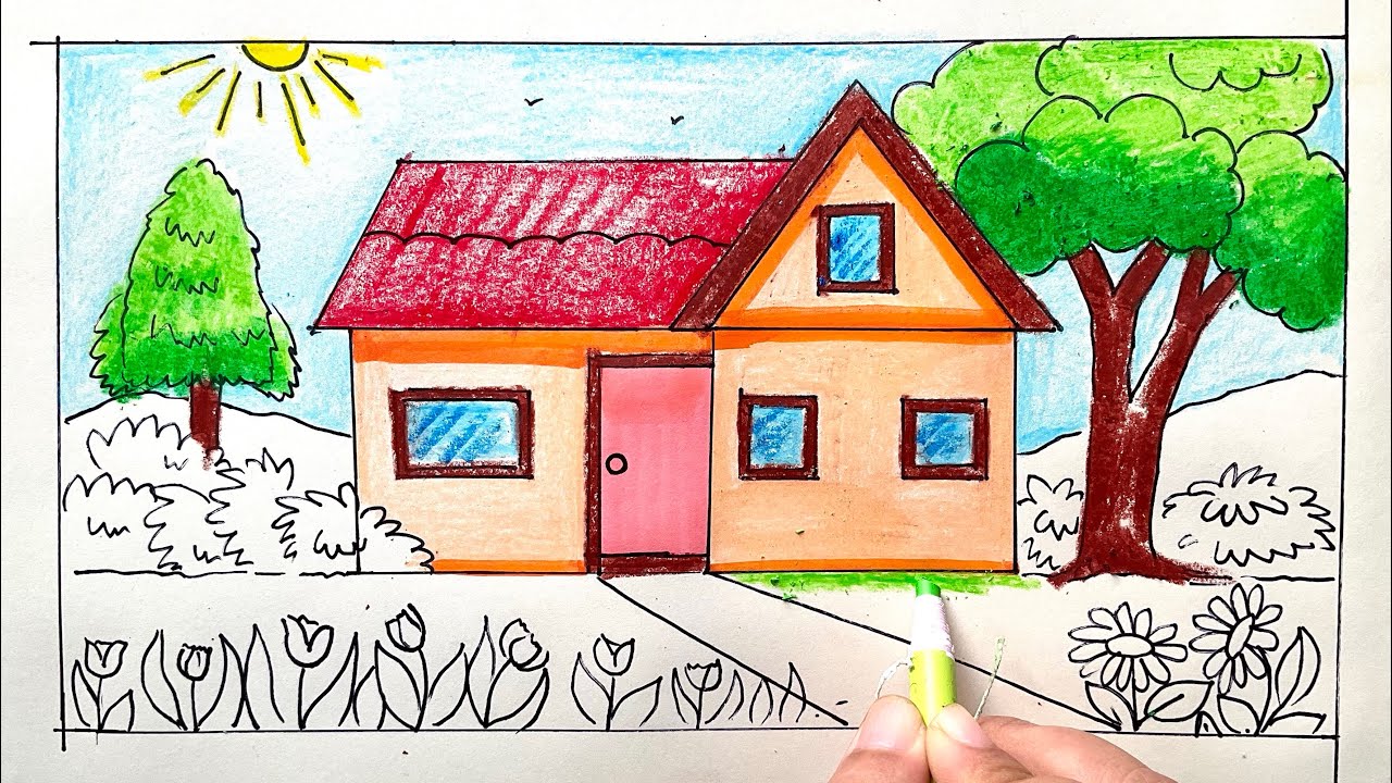 House ,Tree and Bushes Drawing for Kids || How to draw simple scenery art for beginners _53