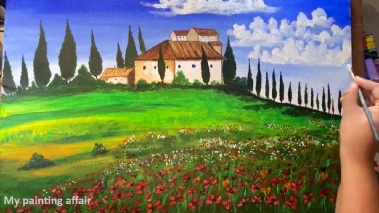 Tuscany Landscape | Easy Landscape Acrylic Painting  | Flowers in Tuscany