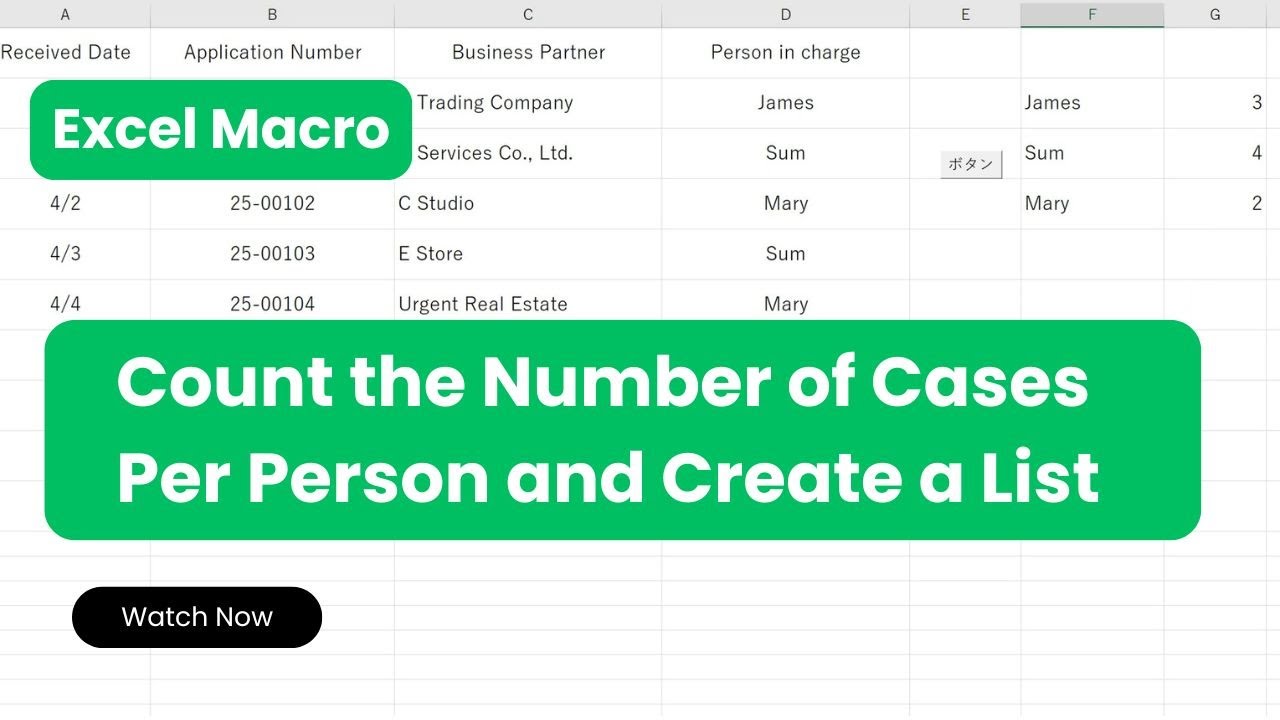 [Excel Macro] Count the Number of Cases per Person and Create a List