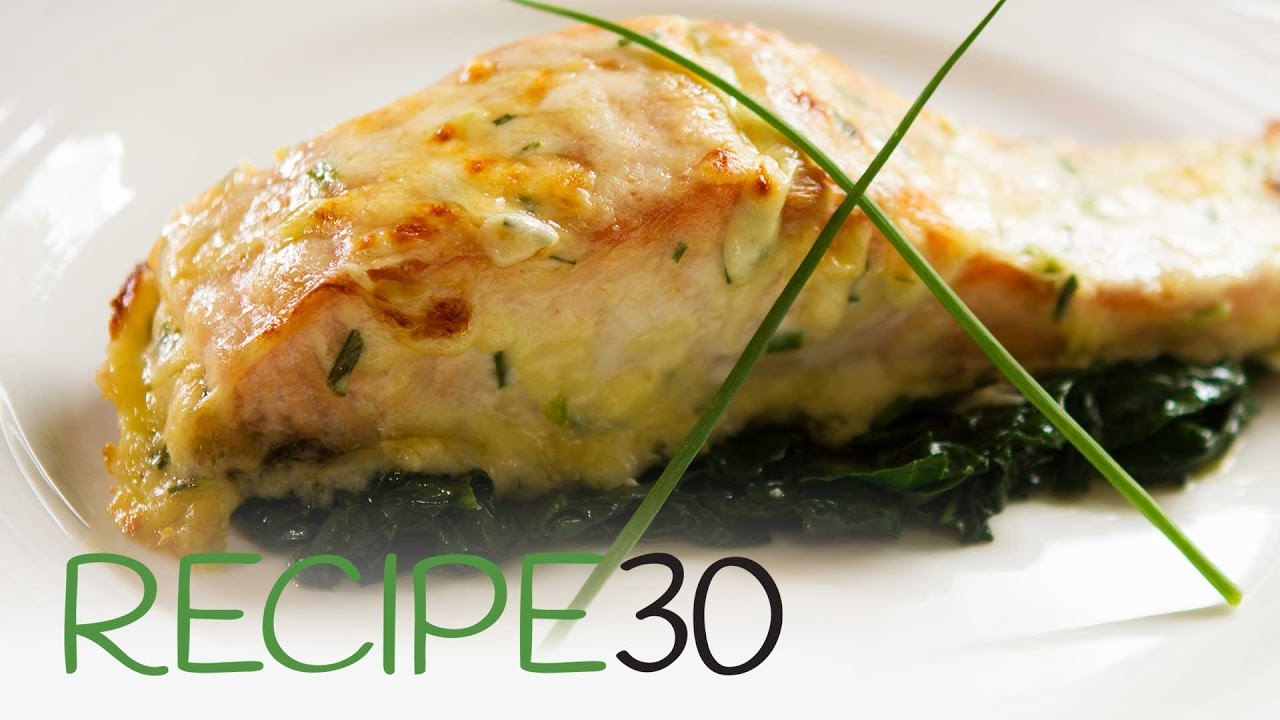 Salmon with a Chive and Mornay Cheese Sauce on Spinach