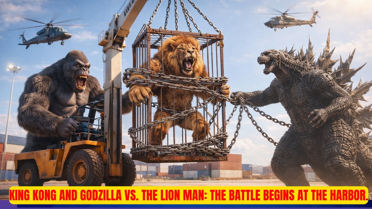 Unleashed Chaos: King Kong and Godzilla vs. The Lion Man: The battle begins at the harbor.