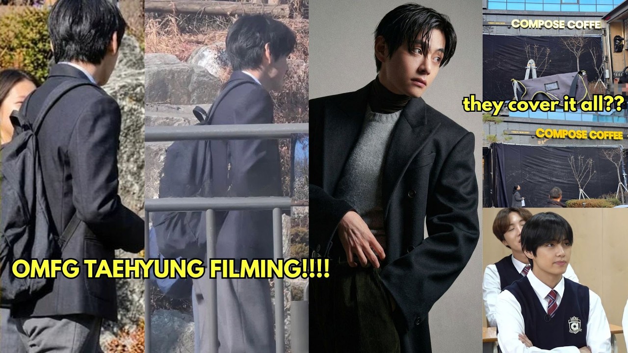 Taehyung filming at a high school in uniform!!!🫣 Then filming in a nearby Compose Coffee shop??!