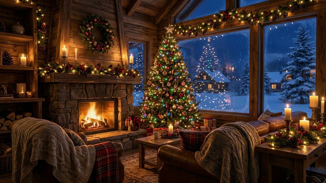 Christmas Fireplace Sounds 🔥 Cozy Cabin Night with Snow | Crackling Fire • No Music • No Ads