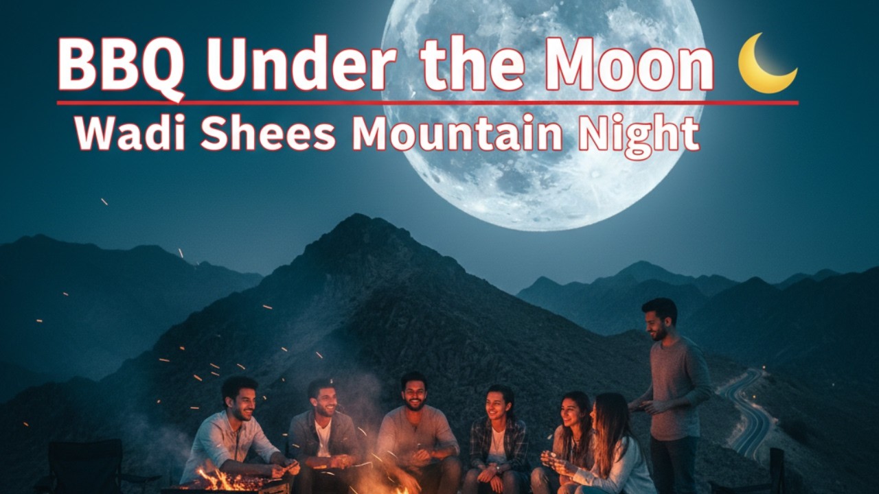 “BBQ Under the Moon 🌙 | Wadi Shees Mountain Night”