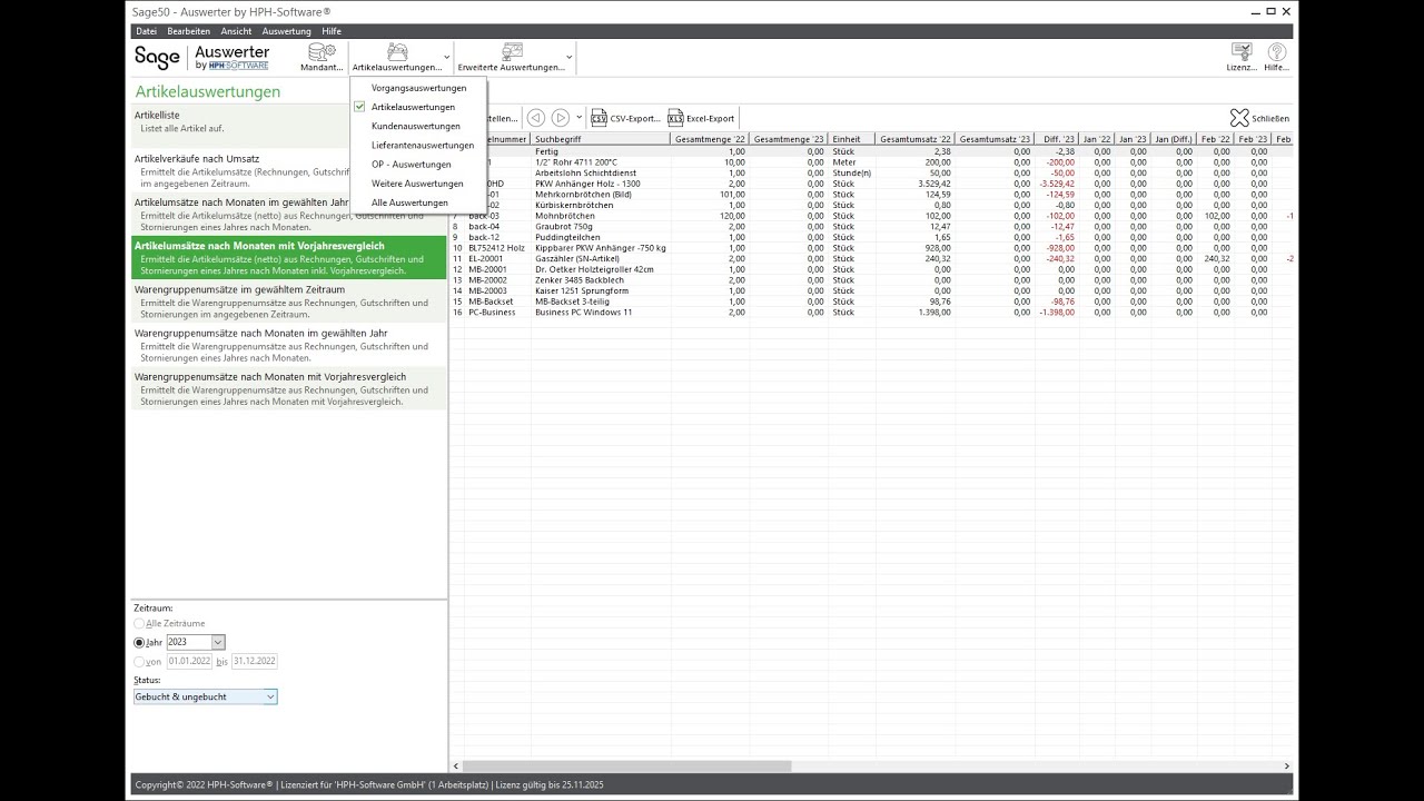 Sage 50 Auswertungen mit dem Sage 50 Auswerter von HPH Software. Sage 50 Daten nach Excel Export.