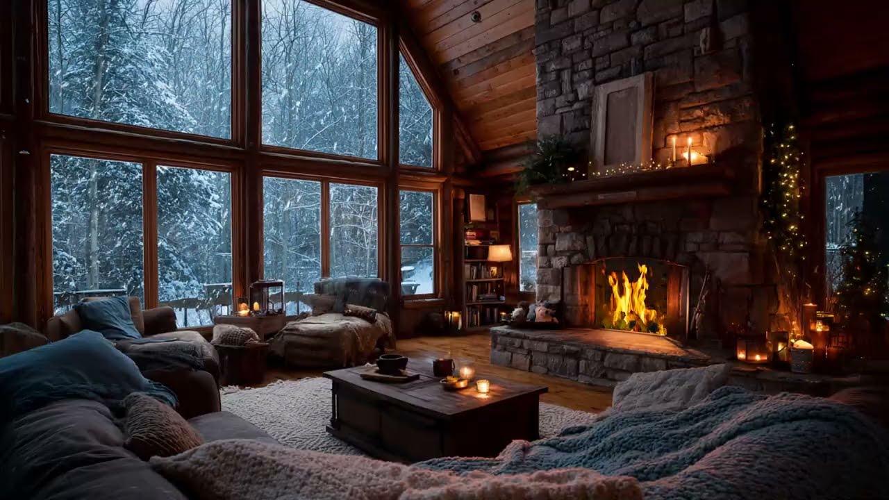Cozy Attic Ambience in Winter - Falling Snow and Crackling Wood Fire for Better Focusing