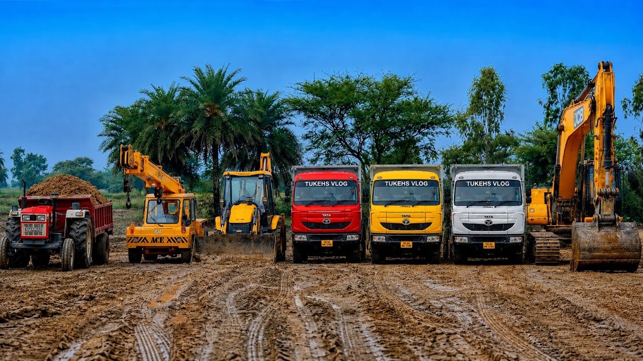 JCB 3Dx 🟡Backhoe Machine Loading Mud in 2 TATA Signa Truck 🚚 | Swaraj 855 Tractor | Bharatbenz Truck