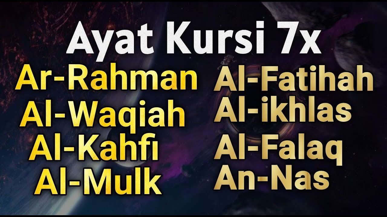 Ayat Kursi 7x,Surah Yasin,ArRahman,Waqiah,AlMulk,Al Kahfi,Ikhlas,Falaq,An Nas,Muhammad Hijazi