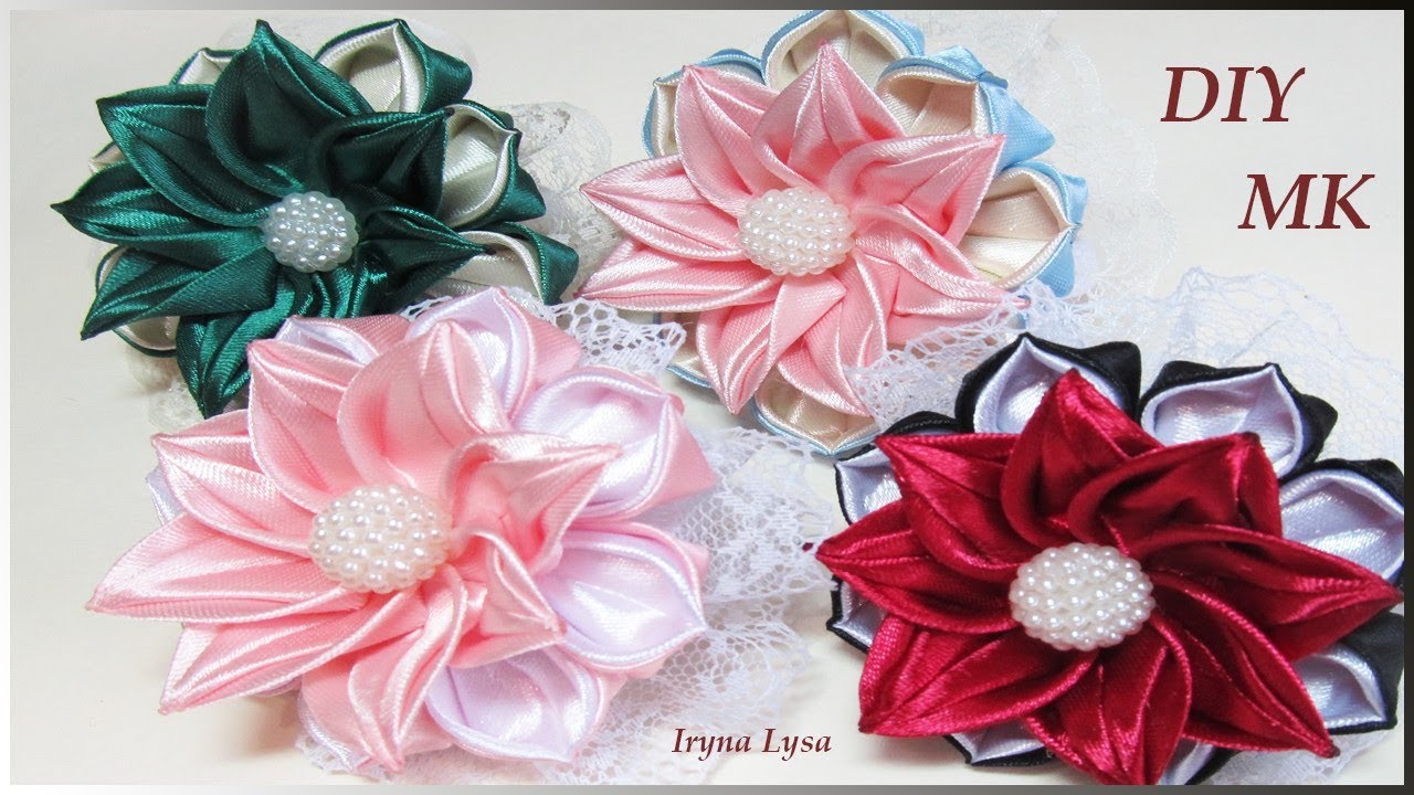 How To Make Kanzashi Ribbon Flower, DIY Ribbon Flower, Lace Scrunchy