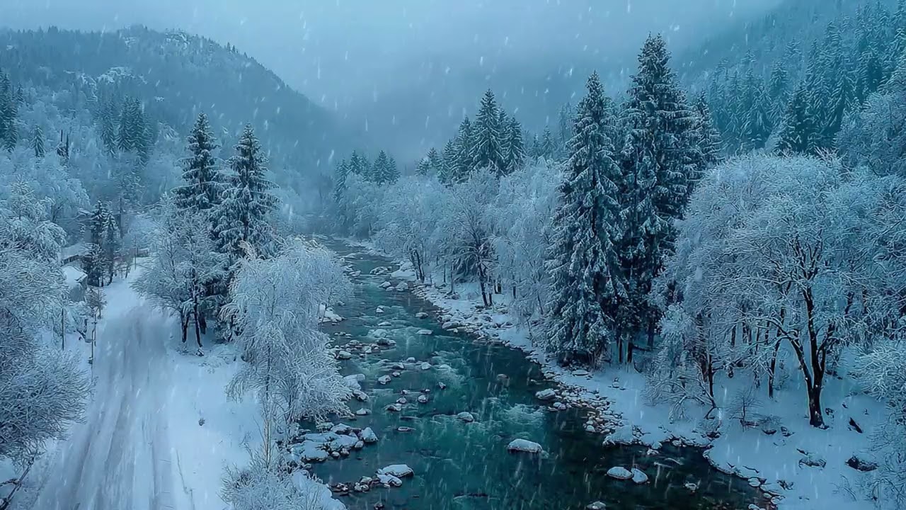 A Frozen Road Scene Under Gentle Snowfall and Soft Sky