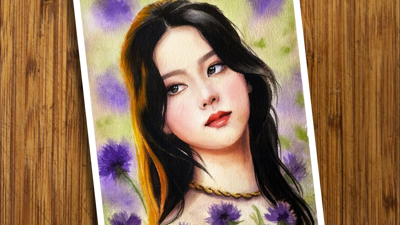 watercolor painting JISOO BLACKPINK - girl in flower field