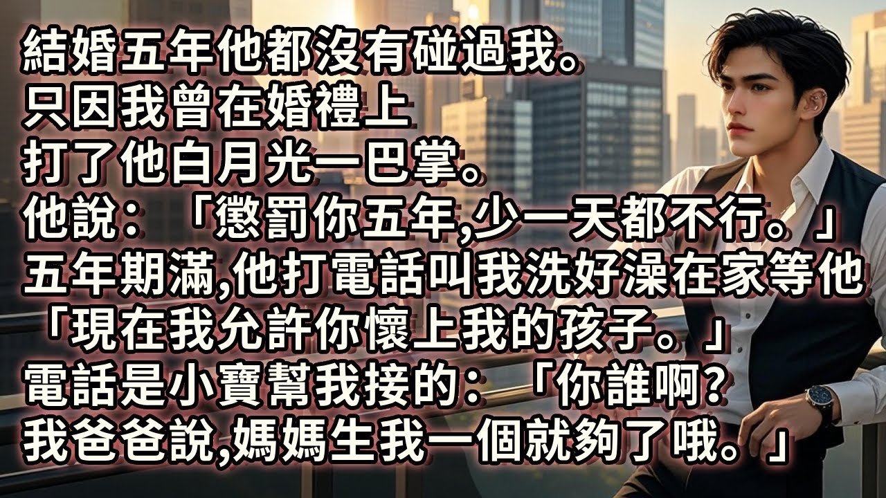 結婚五年他都沒碰過我。只因我曾在婚禮上打了他白月光一巴掌。他說：「懲罰你五年，少一天都不行。」五年期滿他打電話：「我允許你懷上我的孩子。」電話是小寶幫我接的：「你誰啊？我爸爸說，媽媽生我一個就夠了。」